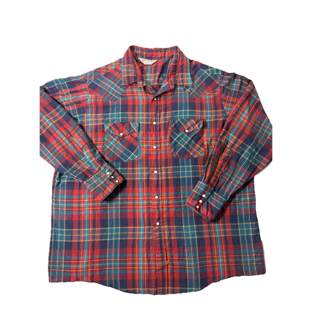 Vintage Dale's Western Shirt Mens‎ 2XL Red Blue Plaid Pearl Snap Made in USA
